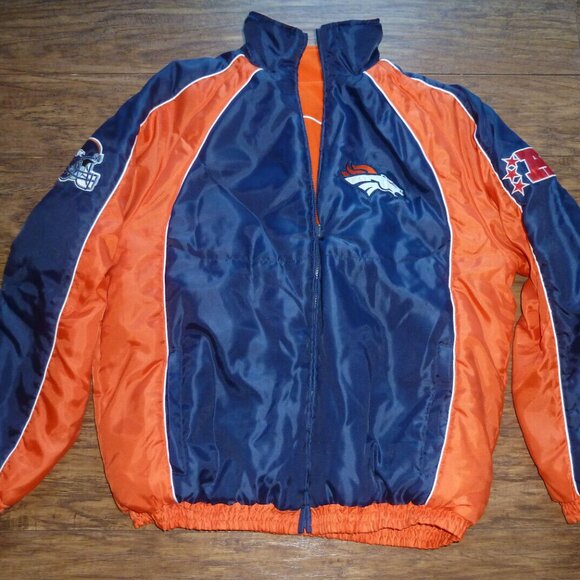 Vintage Denver Broncos Reversable Puffer Fleece Zip Up NFL Jacket Mens Large - Picture 1 of 9